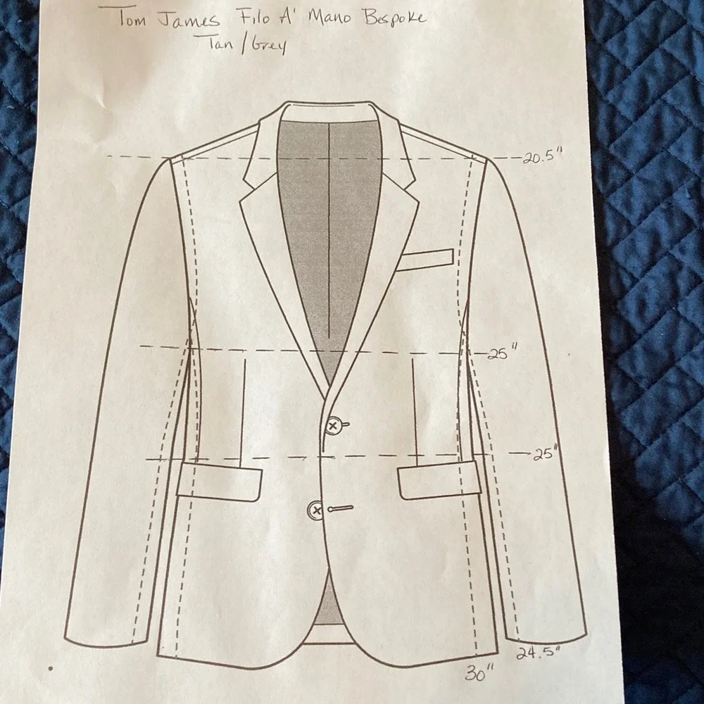 Tom James Bespoke Mens Filo A Mano 2 Button Blazer Size 50R‎ Tan Grey Bronze